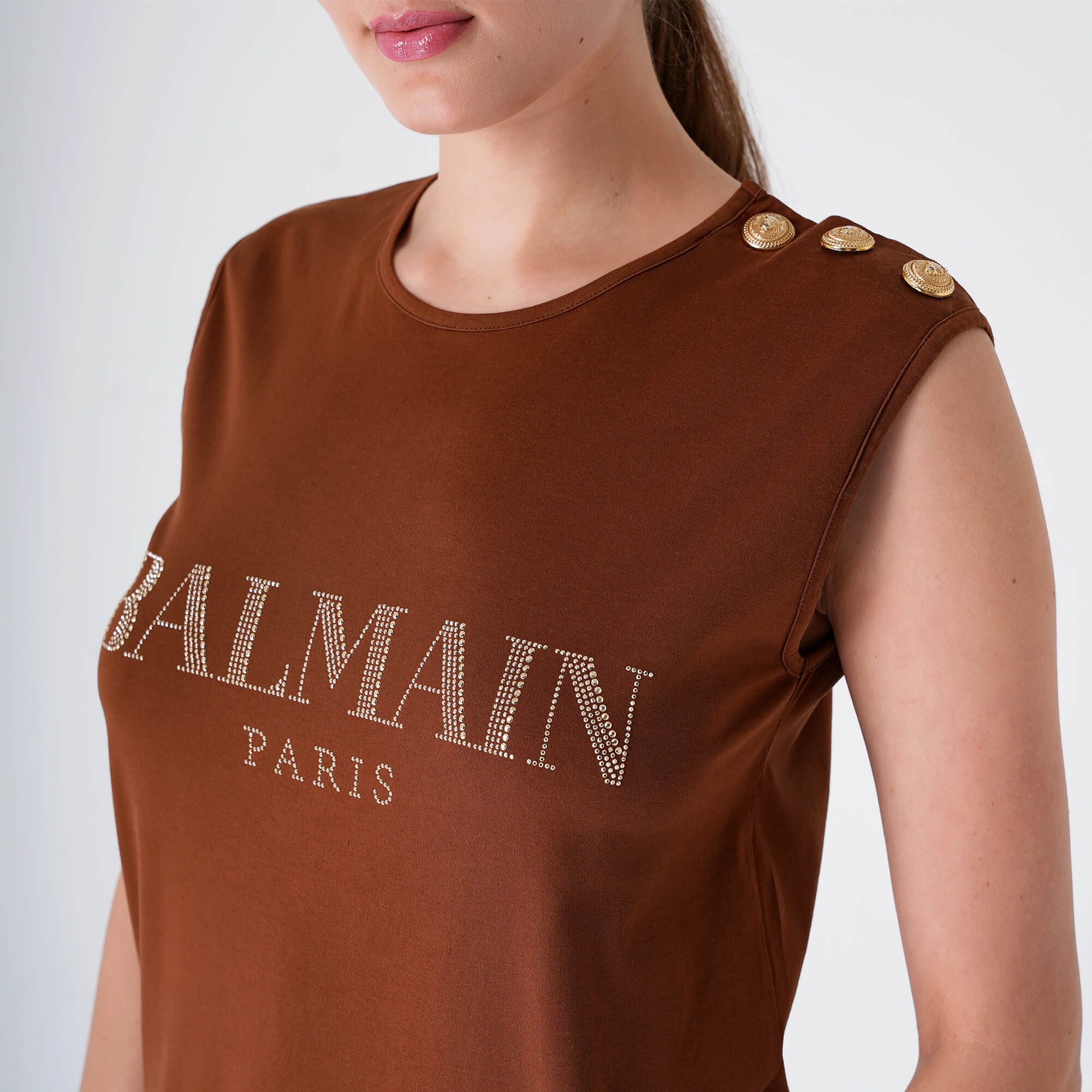 Balmain - Brown&Gold Stone Logo Sleevless Tshirt